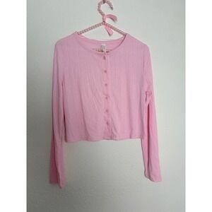 Auden Ribbed Cardigan top Small Pink Excellent Button Front Cropped Long Sleeve